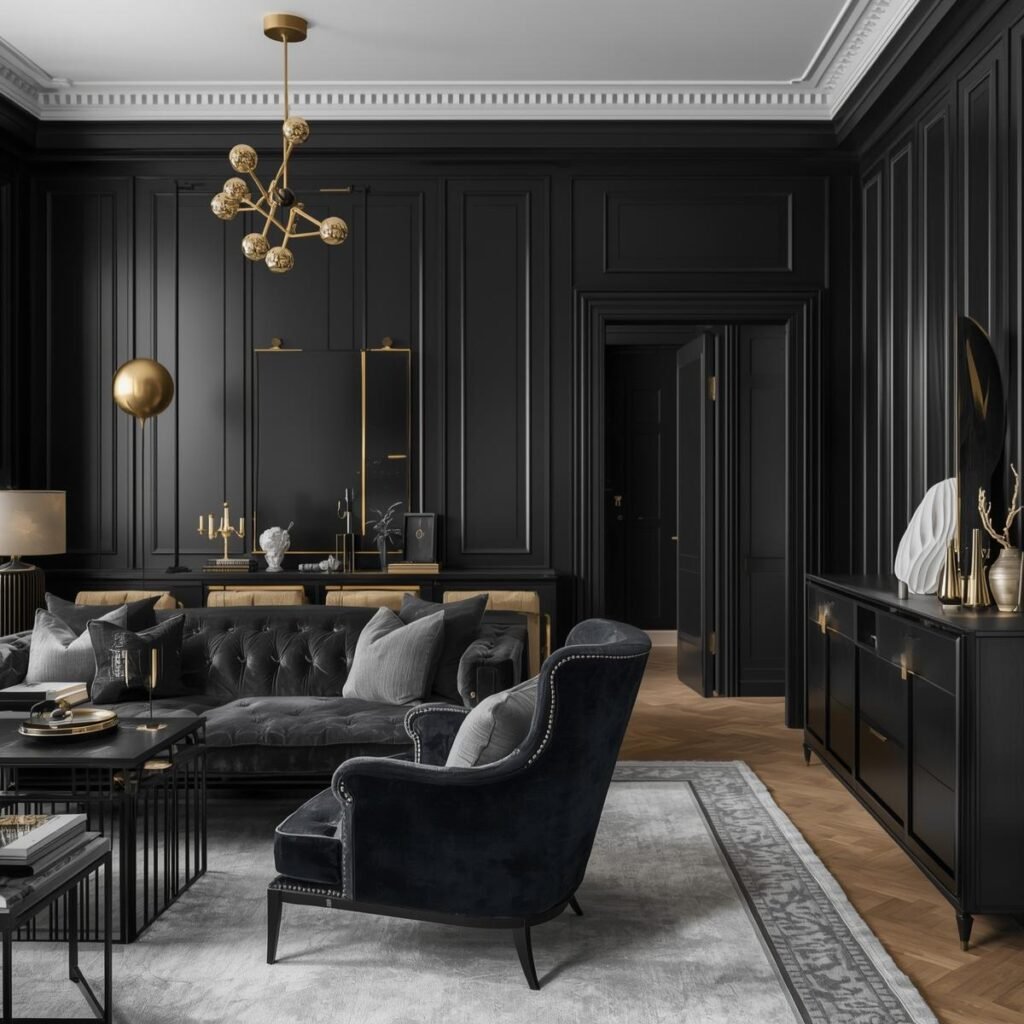 Wohnideen nach Stimmung & Stil: entdecke Farben, Looks und Produkte erstell mir ein ästhetisches bild zu black interior deko und einrichtungsideen als eyecatcher. gern auch details. trendbewusste, urban, modern. gold akzente (1)