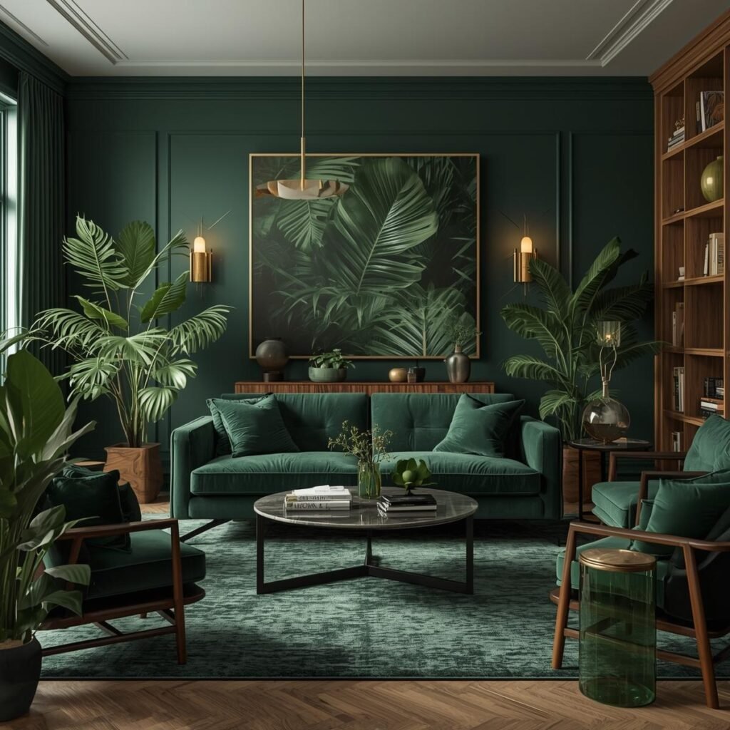 Wohnideen nach Stimmung & Stil: entdecke Farben, Looks und Produkte erstell mir ein ästhetisches bild zu forest green living deko und einrichtungsideen als eyecatcher. gern auch details. (1)