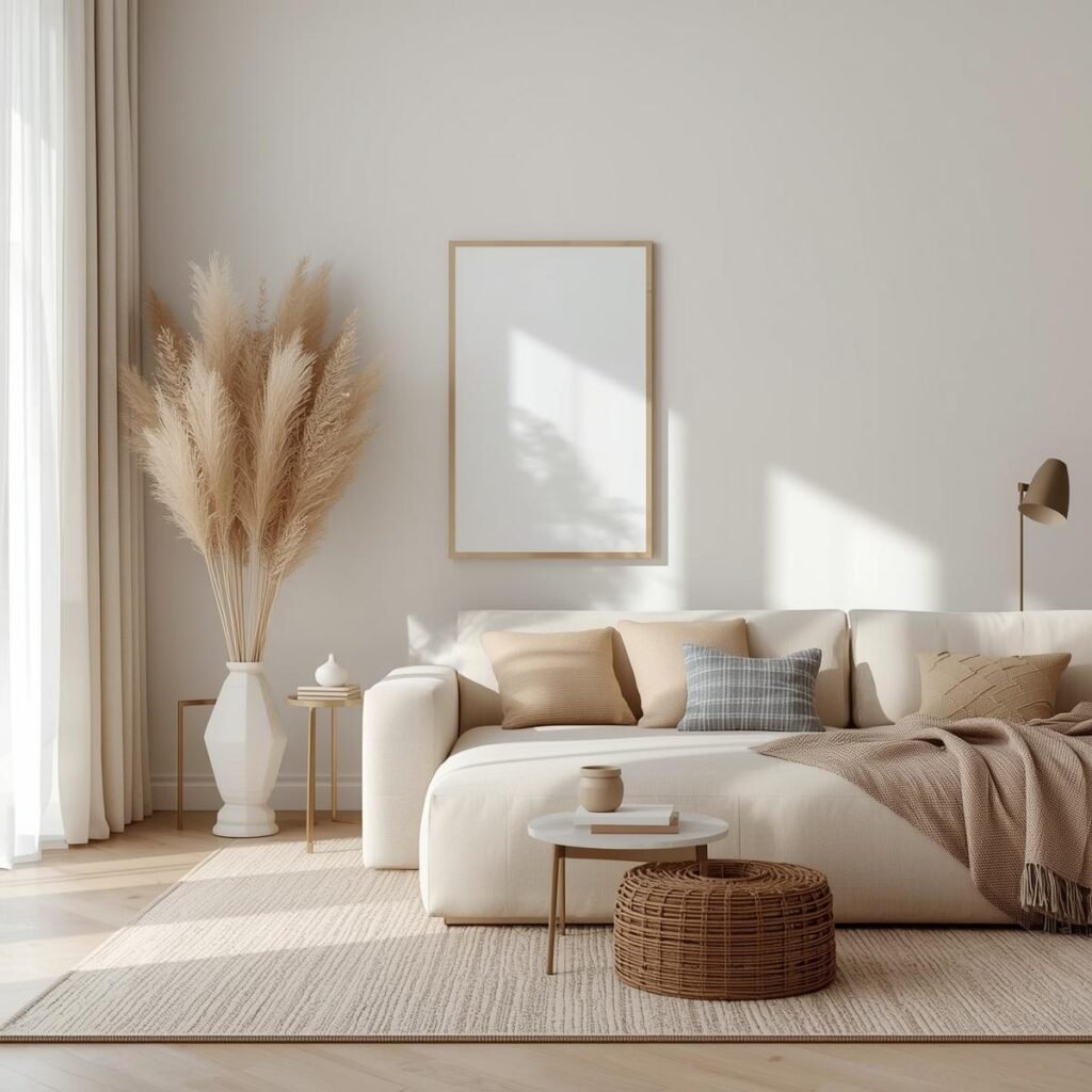 erstell mir ein ästhetisches bild zu minimalistische wohnideen deko und einrichtungsideen als eyecatcher. gern auch details, schlafzimmer oder wohnzimmer