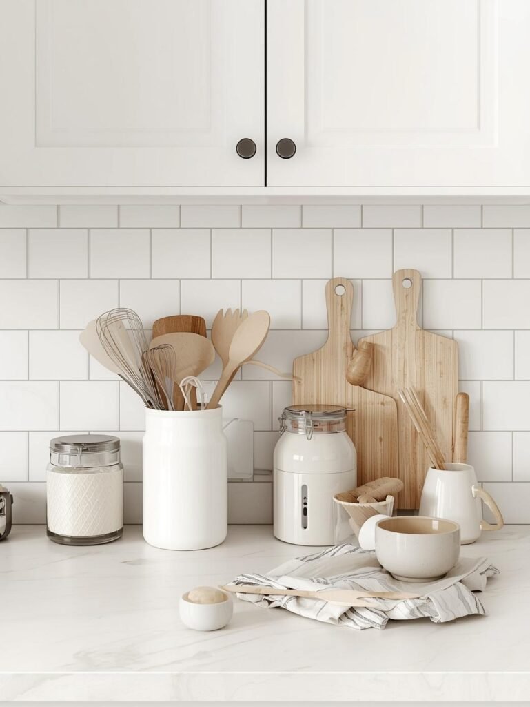 erstell mir ein bild als eyecatcher für küche organisieren . pinterest like, ästhetisch. helle farben. minimal neutral mit kleinen farbakzenten. keine menschen.