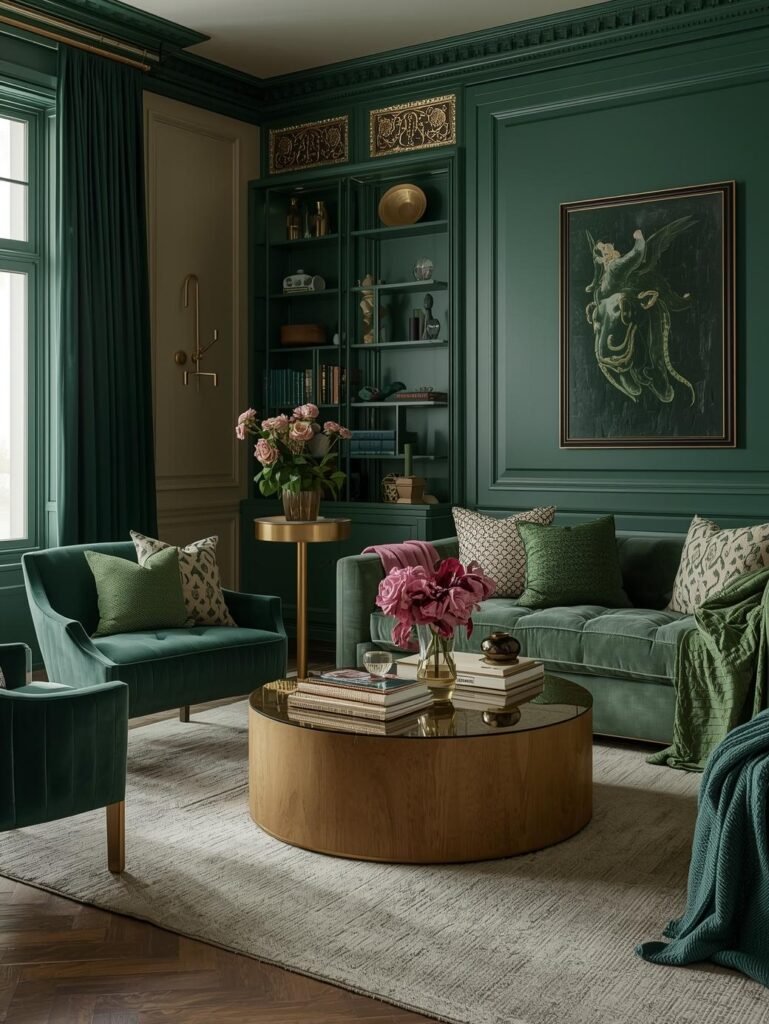 bild zu forest green living im wohnzimmer. goldene akzente. sattes smaragdgrün. pinterest like, ästhetisch. wandfarbe beige oder erdtöne.